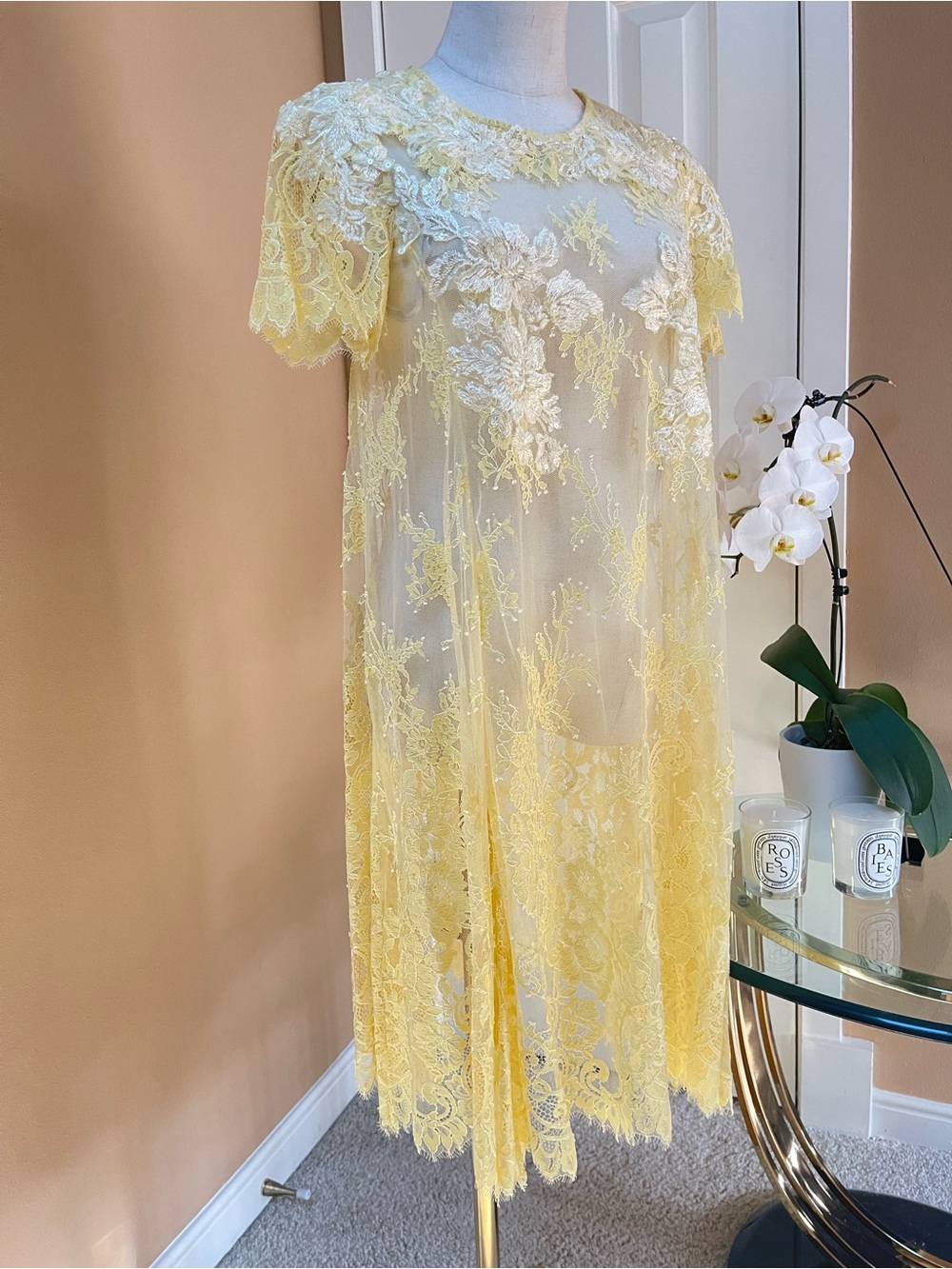 Marchesa Notte Pale Yellow Floral Lace Cocktail Dress Size 8 NWT